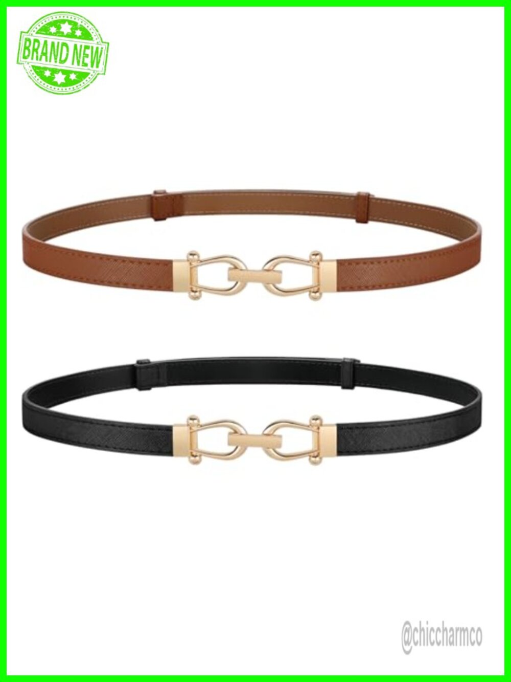 2 Pack Thin Faux Leather Skinny Belts with Gold Buckle Adjustable